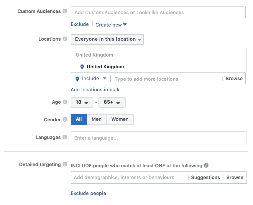 Selecting your audience for a facebook page likes ad