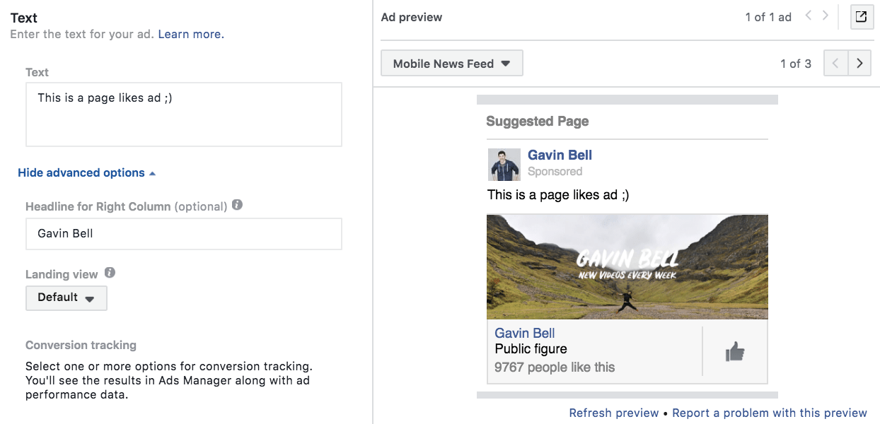 Writing the copy for a Facebook page likes ad