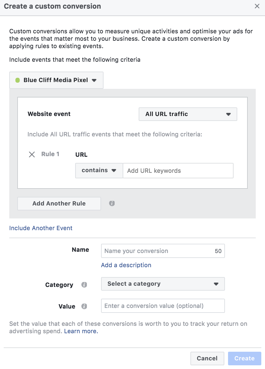 Creating custom conversion on Facebook